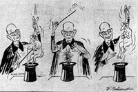 De Gaay Fortman tovert een konijn uit de hoge hoed, maar dat is hetzelfde als wat hij daarin had gedaan (spotprent F. Behrendt, Algemeen Handelsblad)